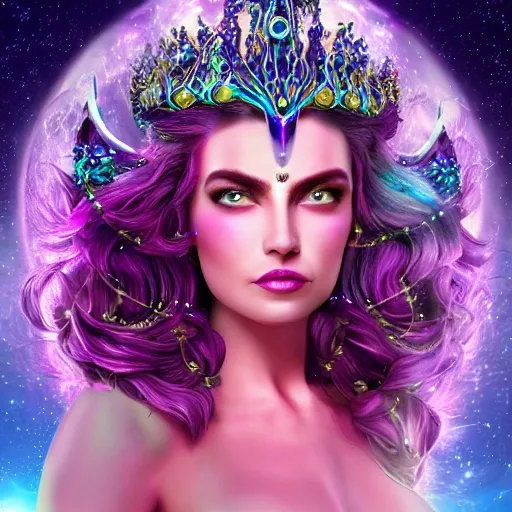 universal cosmic queen, majestic, detailed magical eyes, hypnotising eyes, cosmic colored dress, octane render, realistic, mystical, mythological, the most beautiful lady on earth, powerful,sexy