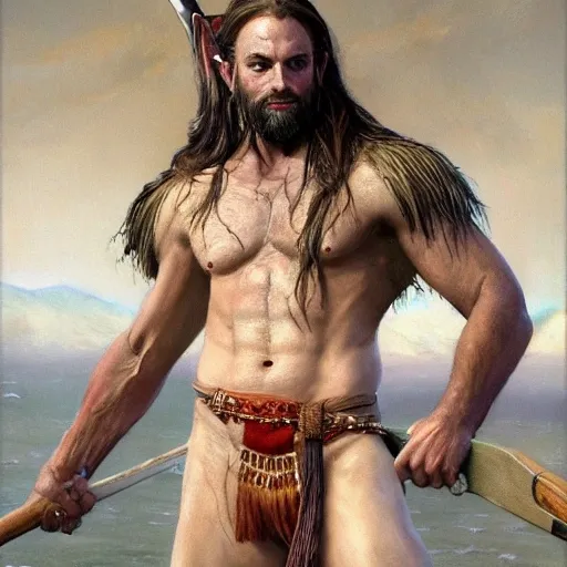 detailed and enlightened portrait full body male viking with blond beard and blue tribal tattoos in neck and arms dressed with leggings and a bear skin as cape, with an axe, in greenish background far viking ships getting to the shore, muscled body painting by gaston bussiere, greg rutkowski, yoji shinkawa, yoshitaka amano, tsutomu nihei, donato giancola, tim hildebrandt, oil on canvas, trending on artstation, featured on pixiv, cinematic composition, extreme detail, metahuman creator ,(best quality:1.4), ((masterpiece)),((realistic)), (detailed), Negative prompt: paintings, sketches, (worst quality:2.0),(normal quality:2.0), (low quality:2.0), lowres, (shota:1.5), ((disfigured)), ((bad art)),((NSFW)), bad-hands-5, Steps: 20, Sampler: DDIM, CFG scale: 7, Seed: 4141018083, Size: 512x768, Model hash: 32c4949218, Model: V08_V08, Denoising strength: 0.5, ENSD: 31337, Hires upscale: 2, Hires steps: 20, Hires upscaler: 4x-UltraSharp
