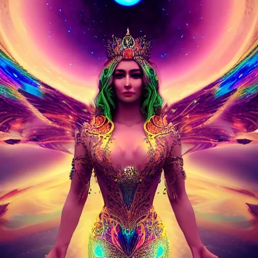 full body image,universal cosmic queen, majestic, detailed magical eyes, hypnotising eyes, cosmic colored dress, octane render, realistic, mystical, mythological, the most beautiful lady on earth, powerful,sexy,cosmic backround