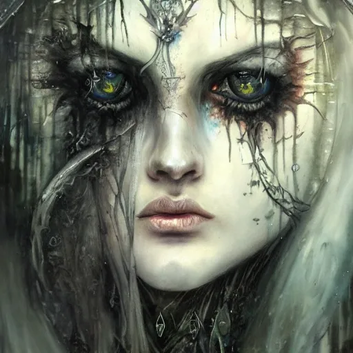 dark fantasy druid witch of the north,  mystic, silver, rainbow, Rubens on crack style, dnd character portrait, intricate, oil on canvas, masterpiece, expert, insanely detailed, 4k resolution, Luis Royo, agnes cecile, wassilly kandinsky, perfect composition