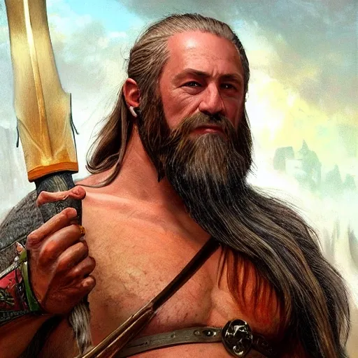 detailed and enlightened portrait full body male viking dressed with leggings and a bear skin as cape with bright blond beard and blue tribal tattoos in neck and arms, with an axe in one hand, in greenish background far viking ships getting to the shore, muscled body painting by gaston bussiere, greg rutkowski, yoji shinkawa, yoshitaka amano, tsutomu nihei, donato giancola, tim hildebrandt, oil on canvas, trending on artstation, featured on pixiv, cinematic composition, extreme detail, metahuman creator ,(best quality:1.4), ((masterpiece)),((realistic)), (detailed), Negative prompt: paintings, sketches, (worst quality:2.0),(normal quality:2.0), (low quality:2.0), lowres, (shota:1.5), ((disfigured)), ((bad art)),((NSFW)), bad-hands-5, Steps: 20, Sampler: DDIM, CFG scale: 7, Seed: 4141018083, Size: 512x768, Model hash: 32c4949218, Model: V08_V08, Denoising strength: 0.5, ENSD: 31337, Hires upscale: 2, Hires steps: 20, Hires upscaler: 4x-UltraSharp