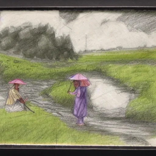 women washing by a river in spring, with flowers in the fields and the sun breaking through the clouds, Pencil Sketch