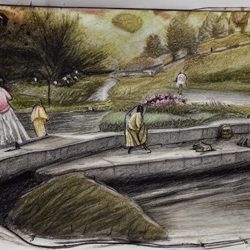  Pencil Sketch,women washing by a river in spring, with flowers in the fields and the sun breaking through the clouds+cinematic+ cinematic shot+ incredibly detailed, sharpen, details + professional lighting, photography lighting + Kodachrome --ar 3:2