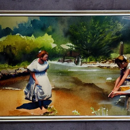  Water Color,women washing by a river in spring, with flowers in the fields and the sun breaking through the clouds+cinematic+ cinematic shot+ incredibly detailed, sharpen, details + professional lighting, photography lighting + Kodachrome --ar 3:2