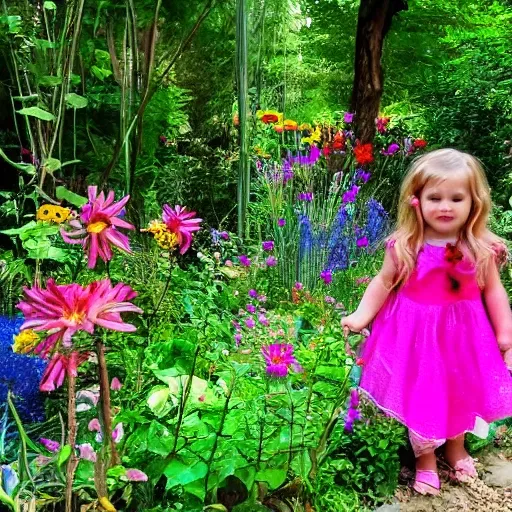 Ruby and her friends exploring the magical garden, surrounded by colorful flowers and trees.