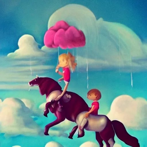 Ruby and her friends riding on the back of a majestic unicorn, flying through the clouds.