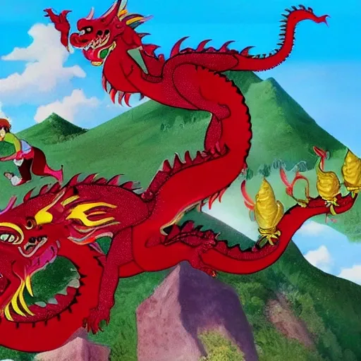 Ruby and her friends climbing up a mountain to find the dragon's treasure, with the dragon guarding the treasure in the background.