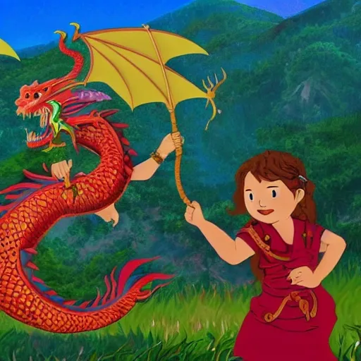 Ruby and her friends climbing up a mountain to find the dragon's treasure, with the dragon guarding the treasure in the background.