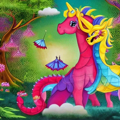 Ruby and her friends exploring the magical garden, surrounded by colorful flowers and trees.
Ruby and her friends riding on the back of a majestic unicorn, flying through the clouds.
Ruby and her friends climbing up a mountain to find the dragon's treasure, with the dragon guarding the treasure in the background.