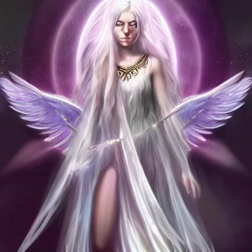 beautiful priestess, character concept art, white hair, ethereal wings, colorful, adorian, moon, stars, ethereal tones, high fantasy, angel, 3D