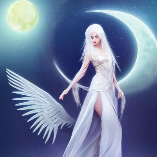 beautiful priestess, character concept art, white hair, ethereal wings, colorful, adorian, moon, stars, ethereal tones, high fantasy, angel