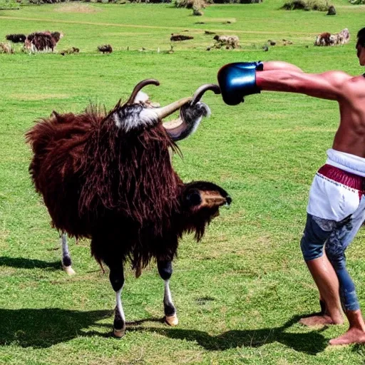 A Yak Fighting a Llama in Kickboxing