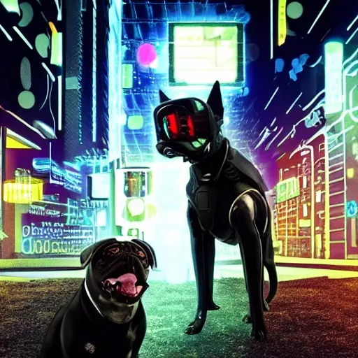 Imagine a world where dogs have been genetically modified with cybernetic enhancements to become the ultimate companions in a dystopian society. In this cyberpunk future, show us an image of a sleek, technologically advanced dog with glowing, augmented eyes, and a body enhanced with machinery. Perhaps this dog is being walked by its owner through a neon-lit alleyway, or maybe it's on a mission to retrieve a valuable piece of data in a high-tech corporate office. Whatever the scenario, bring to life a stunning visual representation of a cyberpunk dog that embodies both the loyalty and cutting-edge technology of its futuristic world.