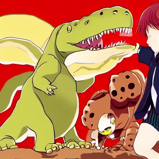 Un wallpaper 1920×1080 pixels de anime de un chico gordito pelo castano, caucasico, ojos marrones, montando un dinosaurio rojo con rayas celestes en medio de un valle