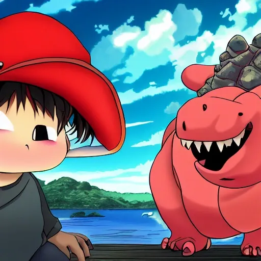 Un wallpaper 1920×1080 pixels de anime de un chico gordito pelo castano, caucasico, ojos marrones, montando un dinosaurio rojo con rayas celestes en medio de un valle