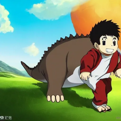 Un wallpaper 1920×1080 pixels de anime de un chico gordito pelo castano, caucasico, ojos marrones, montando un dinosaurio rojo con rayas celestes en medio de un valle