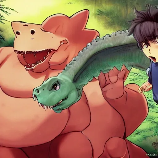 Un wallpaper 1920×1080 pixels de anime de un chico gordito pelo castano, caucasico, ojos marrones, montando un dinosaurio rojo con rayas celestes en medio de un valle