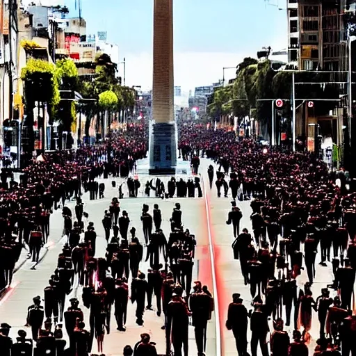 La imagen muestra a un Caballero del Zodiaco en medio de la Avenida 9 de Julio en Buenos Aires, Argentina, cerca del icónico Obelisco. El Caballero está parado en el centro de la calle, con su armadura brillante reflejando la luz del sol. En su mano derecha sostiene su arma de batalla, mientras que en su mano izquierda lleva el escudo que lo protege de los ataques enemigos. A su alrededor, los autos y los peatones se detienen para admirar la impresionante figura que se presenta ante ellos. El Caballero mira con determinación hacia el horizonte, listo para enfrentar cualquier desafío que se le presente en su camino. La imagen es un tributo a la valentía y el coraje de los guerreros que luchan por el bien en todo el mundo., 3D