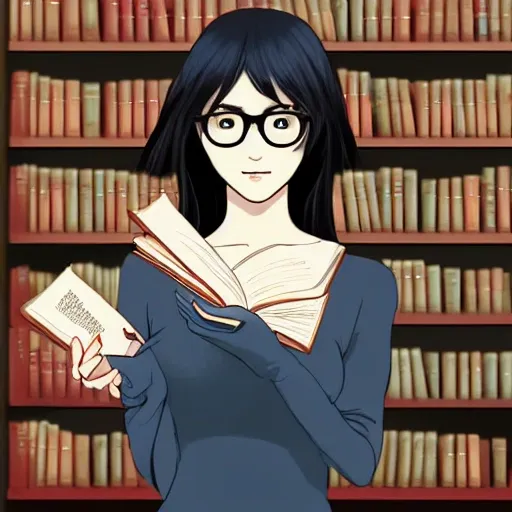 Best quality, high resolution, masterpiece, solo, 1girl, long hair, black hair, hair in bun, blue eyes, round glasses, sexy expression, freckles, black turtleneck, big boobs, holding books, black leggings, black high heels