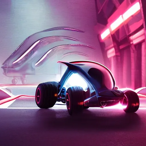 a future racing car, cool wheels, futuristic tricycle, spaceship type, cyberpunk, realistic, cinematic light, cinematic type, glowing tires, cool body lighting, FHD, 1080P, 2K, 4K, 8K