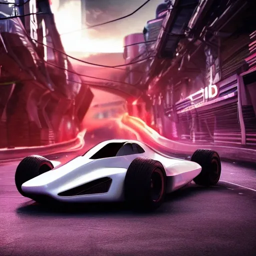 a future racing car, cool wheels, futuristic tricycle, spaceship type, cyberpunk, realistic, cinematic light,glowing tires, cool body lighting, FHD, 1080P, 2K, 4K, 8K