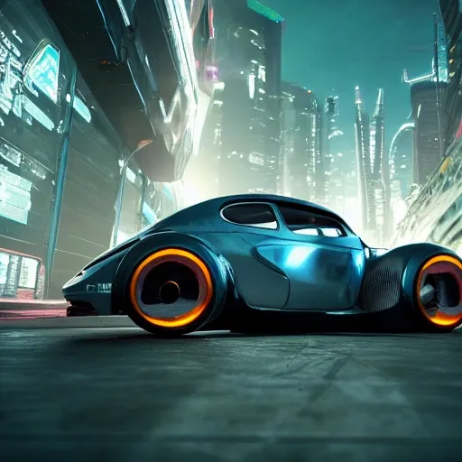 a future racing car, cool wheels, futuristic fusca, spaceship type, cyberpunk, realistic, cinematic light,glowing tires, cool body lighting, 4K, 8K