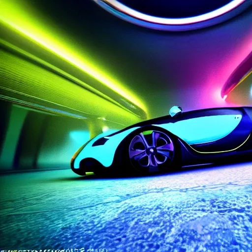 a future car run under the sea,Cool wheels,Bugatti,spaceship,Strange sights: vortexes through time and space,cyberpunk,realistic,Cinematic light,cinematic shot,glowing tires,cool body lighting,FHD,1080P,2K,4K18K, Trippy, 3D, Water Color, Water Color