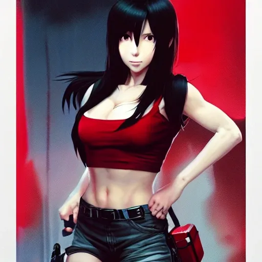 Tifa Lockhart rendered in Cinema 4D, crimson, sitting position, fine details. anime. realistic shaded lighting poster by ilya kuvshinov katsuhiro otomo ghost, medical illustration, detailed concept art by Greg Rutkowski and Norman Rockwell and Sky Sewa, Tristan Eaton