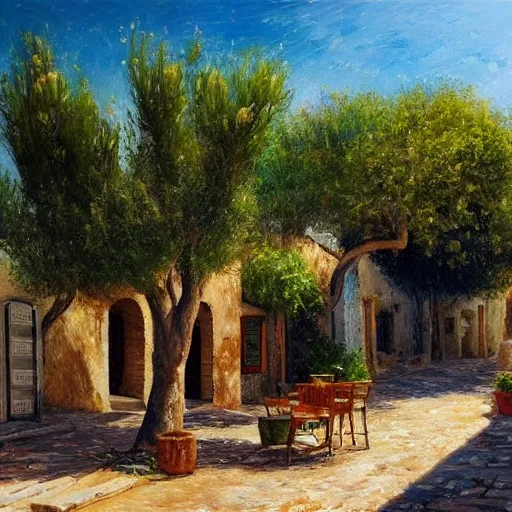 a traditional Mediterranean town in the street of a small village on the Riviera. a terrace in the shade of a hundred-yyear-oold olive tree; a friendly atmosphere around pizzas and rose wine. dolce vita. unreal engine rendering, hyper-realist, ultra-detailed, oil painting, warm colors, happy, impressionism, Da Vinci, style of Garri Bardin --ar 2:3