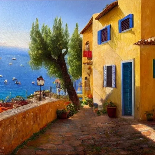 a traditional Mediterranean town in the street of a small village on the Riviera. a terrace in the shade of a hundred-yyear-oold olive tree; a friendly atmosphere around pizzas and rose wine. dolce vita. unreal engine rendering, hyper-realist, ultra-detailed, oil painting, warm colors, happy, impressionism, Da Vinci, style of Garri Bardin --ar 2:3, Oil Painting