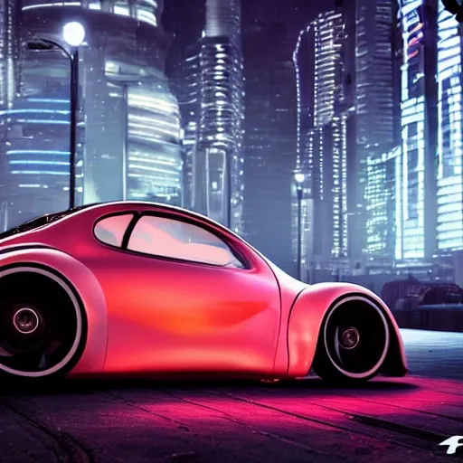 a future racing car, cool wheels, futuristic fusca, cyberpunk, realistic, cinematic light,glowing tires, cool body lighting, 4K, 8K