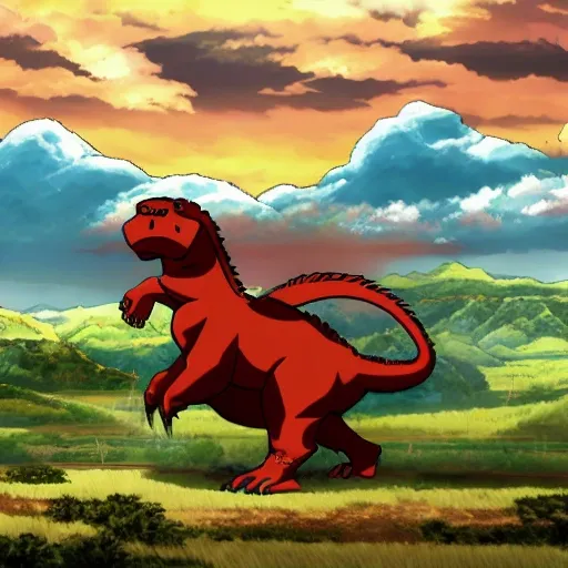 A 1920x1080 pixel wallpaper of an anime featuring a chubby Caucasian boy with brown hair, brown eyes, riding a red dinosaur with sky blue stripes in the middle of a valley.