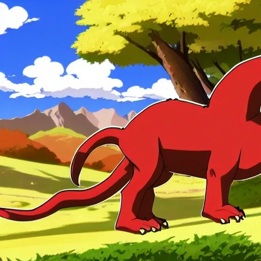 A 1920x1080 pixel wallpaper of an anime featuring a chubby Caucasian boy with brown hair, brown eyes, riding a red dinosaur with sky blue stripes in the middle of a valley.