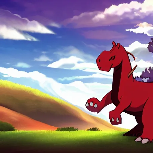 A 1920x1080 pixel wallpaper of an anime featuring a chubby Caucasian boy with brown hair, brown eyes, riding a red dinosaur with sky blue stripes in the middle of a valley.