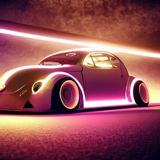 a future racing car, cool wheels, futuristic fusca, cyberpunk, realistic, cinematic light,glowing tires, cool body lighting, 4K, 8K