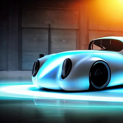 a future racing car, cool wheels, futuristic fusca, cyberpunk, realistic, cinematic light,glowing tires, cool body lighting, 4K, 8K