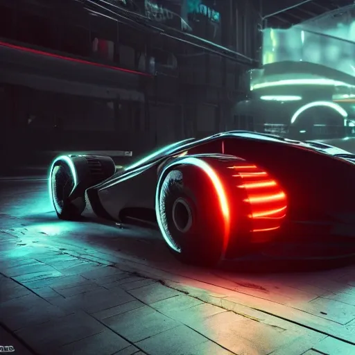 a future racing car, cool wheels, futuristic Bianco,cyberpunk, realistic, cinematic light,  glowing tires, cool body lighting,  4K, 8K