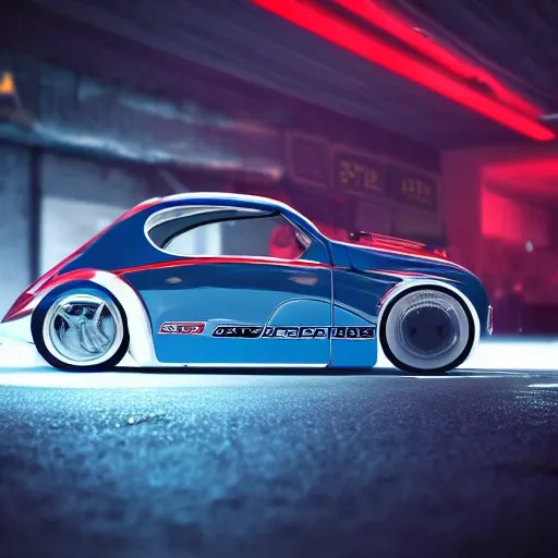 a future racing car, cool wheels, futuristic fusca, cyberpunk, realistic, cinematic light,glowing tires, cool body lighting, 4K, 8K