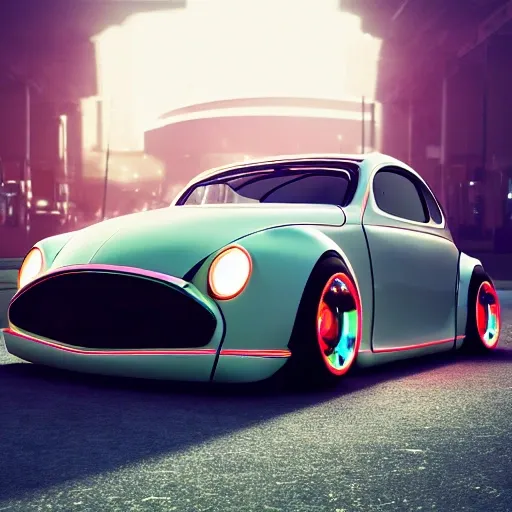 a future racing car, cool wheels, futuristic fusca, cyberpunk, realistic, cinematic light,glowing tires, cool body lighting, 4K, 8K