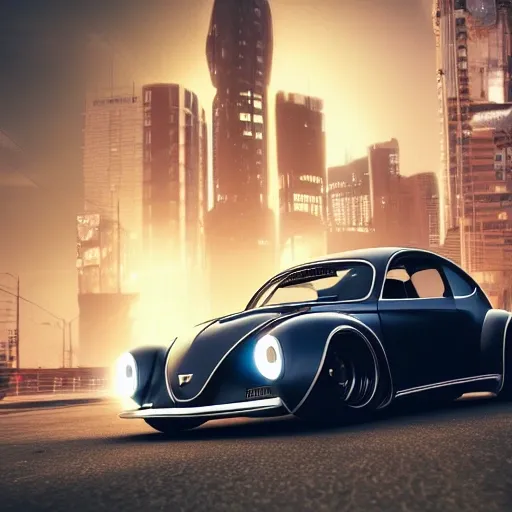 a future racing car, cool wheels, futuristic fusca retro, cyberpunk, realistic, cinematic light,glowing tires, cool body lighting, 4K, 8K