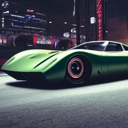 a future racing car, cool wheels, futuristic miura gt,cyberpunk, realistic, cinematic light,  glowing tires, cool body lighting,  4K, 8K