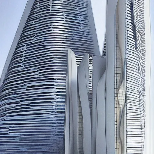 an image of the building OPUS by zaha hadid in dubai, handmade drawing by a senior architect