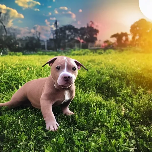 pitbull baby color gray playing  in garden, the sky in golden hour and start nad moon