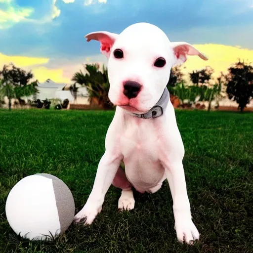 pitbull baby color gray playing  in garden, the sky in golden hour and start nad moon, 3D, Cartoon