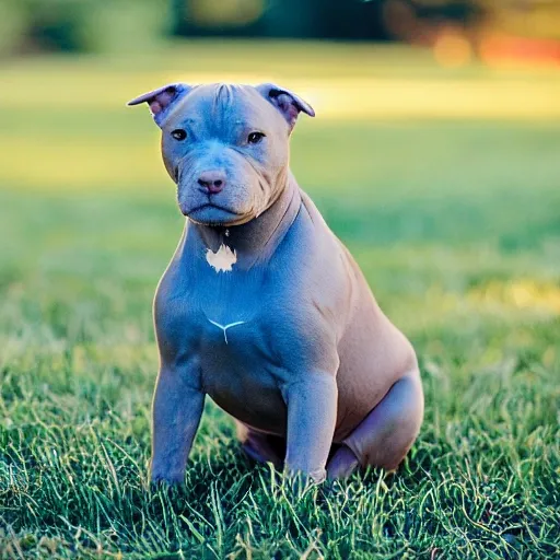 pitbull blue baby gray in the park golden hour
