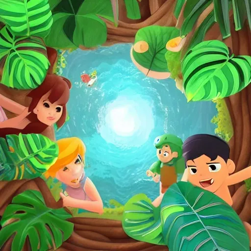 a group of adventurers trekking through the jungle, led by a charismatic guide., isometric top-view angle, depth of field, big leaf jungle background with flowers, water river in the portal , atlantis world, space, clouds lightning green, big leaf and monstera plant growing on the portal surface, green soft ture jungle environments, art style by Pixar Animation Studio, AAA, Artstation trending, Deviant art, glamorous, emotional, perfect composition and golden ratio