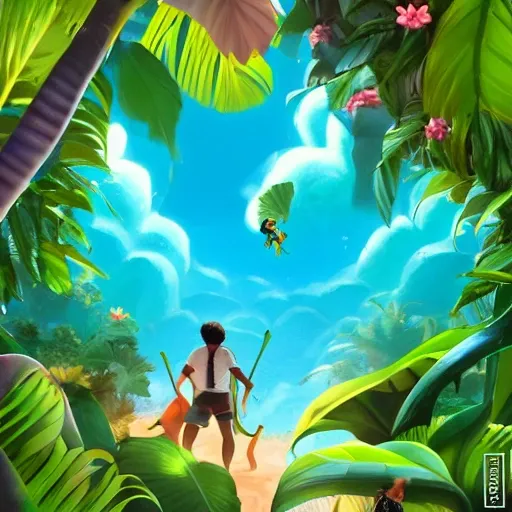 a group of adventurers trekking through the jungle, led by a charismatic guide., isometric top-view angle, depth of field, big leaf jungle background with flowers, water river in the portal , atlantis world, space, clouds lightning green, big leaf and monstera plant growing on the portal surface, green soft ture jungle environments, art style by Pixar Animation Studio, AAA, Artstation trending, Deviant art, glamorous, emotional, perfect composition and golden ratio