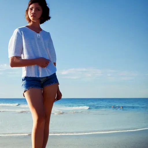 A youthful young person stands on the beach, with delicate features, short hair, and a full figure. Under the blue sky, they look especially beautiful.