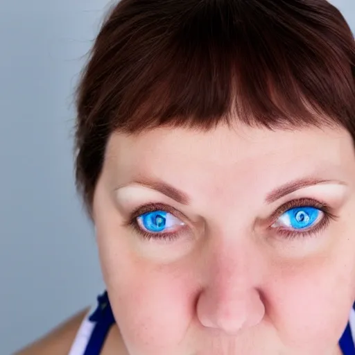 overweight white girl, 34 years old, blue eyes, brown hair, epicanthic folds on eyes