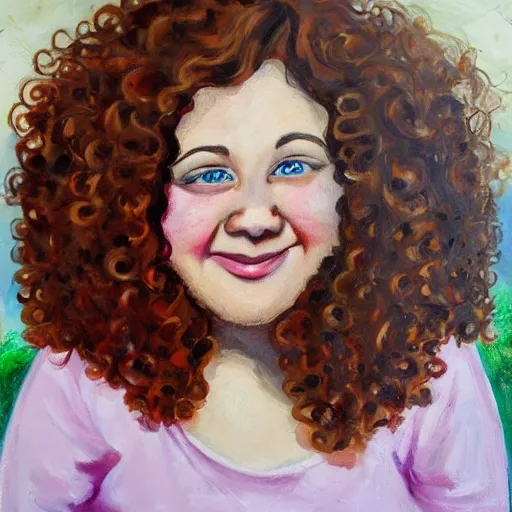 overweight white girl, mid-30s, blue eyes, curly brown hair, epicanthic folds on eyes, medium-small mouth smiling, heart shaped face, large forehead, Oil Painting